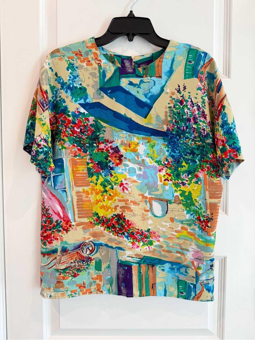 Vintage Caviar Women’s Colorful Blouse in Artsy European Street Scene Print Sz S